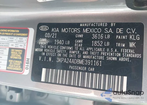 2021 Kia Rio S z USA, uszkodzony, nr VIN 3KPA24AD8ME391161